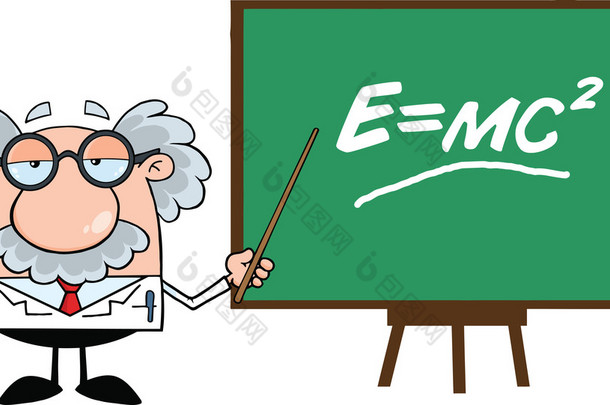 有趣的科学家或教授用指针介绍爱因斯坦公式