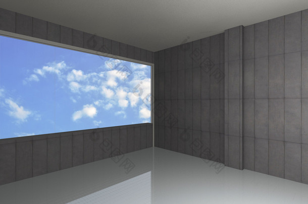 空房间、 光秃的混凝土墙体和反射楼