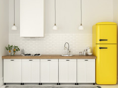 厨房用的白色家具和一个黄色的冰箱