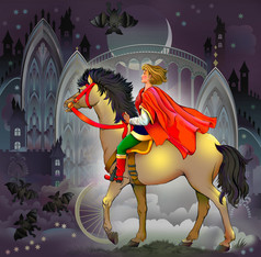 年轻的王子骑着一匹马在仙境中.