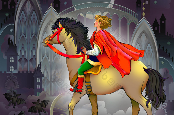年轻的王子骑着一匹马在仙境中.