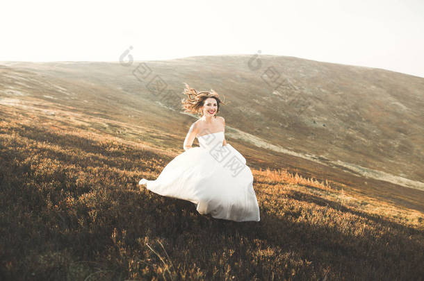 美丽的女人，新娘与完美的白衣背景山脉