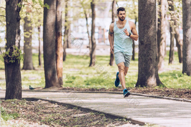 穿着运动服的帅哥在阳光明媚的公园里沿着人行道奔跑