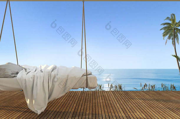 3d 渲染接近海滩和海以好天空视图和棕榈树在夏威夷的露台上的美丽挂床在暑假期间