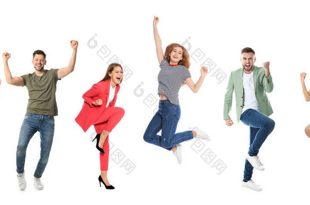 用白色背景拍摄快乐的人们庆祝胜利的照片。条幅设计