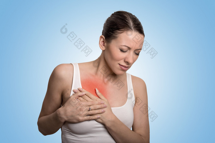 Young woman with chest breast pain colored in red