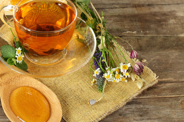 <strong>茶</strong>和背景-有机食品概念上蜂蜜