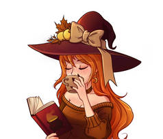 年轻的巫婆正在喝咖啡和看书。 儿童游戏手绘图解.