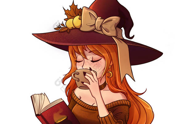 年轻的巫婆正在喝咖啡和<strong>看书</strong>。 儿童游戏手绘图解.