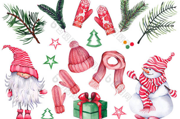 圣诞套装有针织帽子、围巾、手套、可爱的雪人、斯堪的纳维亚矮人、礼品盒和常绿树枝。水彩隔离在白色上. 