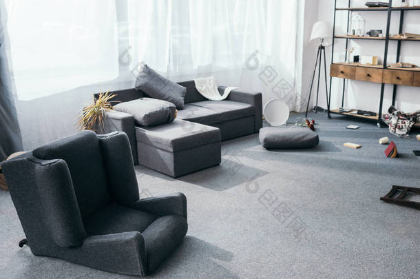 抢劫公寓里的灰色沙发、植物、枕头和扶手椅 