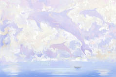 飞鲸和小船。信纸， 笔记本封面背景， 水彩风格数字艺术品 