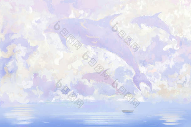 飞鲸和小船。信纸， 笔记本封面背景， 水彩风格数字艺术品 