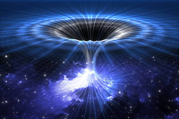旋涡式星体或黑洞，可以与另一个<strong>连接</strong>一个宇宙的漏斗状隧道