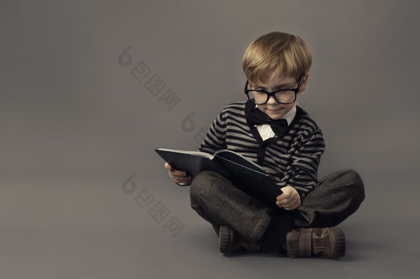 Boy Child Read Book, Clever Kid in Glasses, Children Education