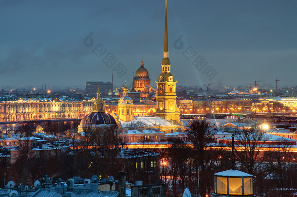 俄罗斯、 圣彼得堡、 彼得保罗要塞、 夜晚、 顶视图.
