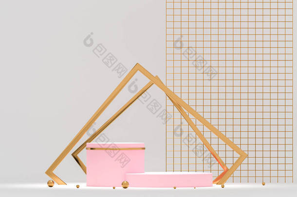 三维渲染带有金元素的白色讲台几何。摘要几何形状的空白台面.产品展示的场景。空陈列柜，基座平台陈列柜.