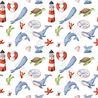 数码儿童图书插图图案海洋条纹红白灯塔，救生圈，鲸鱼，海龟，你好海。织物、卡片、横幅、海报、服装印刷.图片
