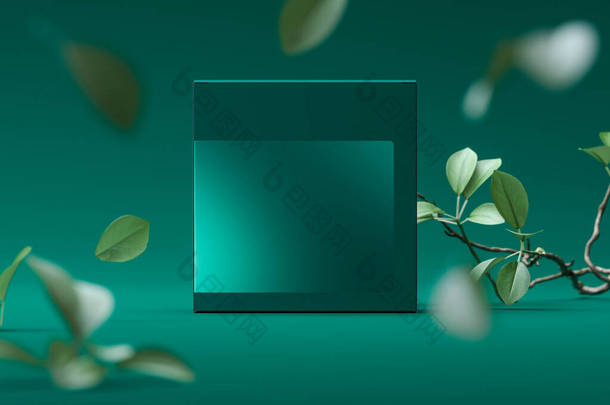 绿色的空白纸盒,绿色背景靠近树叶,漂亮的包装. 香水包。 3d渲染.
