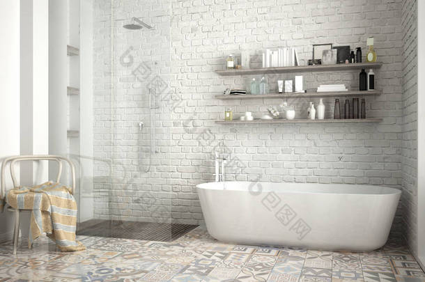 斯堪的纳维亚的<strong>浴室</strong>，经典白色复古室内设计