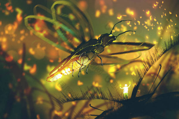 小男人<strong>指挥</strong>只巨大的萤火虫在夜晚的森林