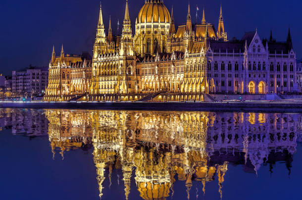 布达佩斯著名议会大厦在多瑙河之上在匈牙利在晚上.