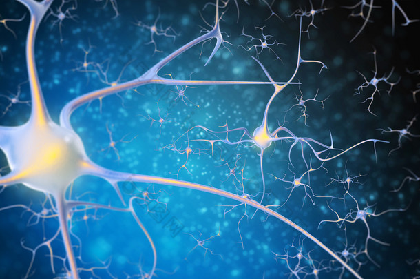 黑色和蓝色的背景上大脑中的神经元.