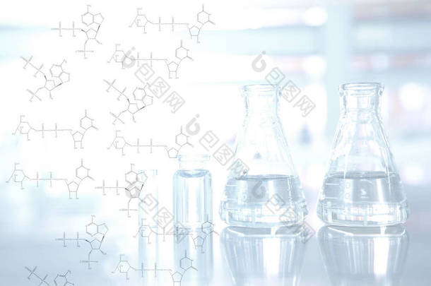 与瓶和玻璃瓶的背景，在科学实验室的化学结构