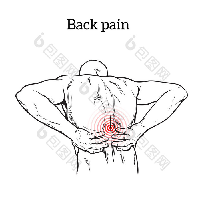 低腰痛的男子，黑色和白色素描