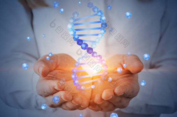一个金发碧眼的女人拿着蓝色的 dna 螺旋全息图<strong>生物</strong>技术、<strong>生物</strong>学、医学和科学概念。双曝光色调图像