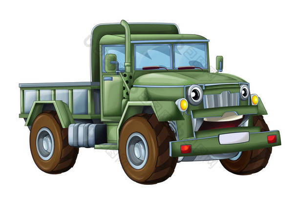 动画片快乐和滑稽的<strong>军用</strong>卡车-在白色背景或微笑的车-孩子的例证