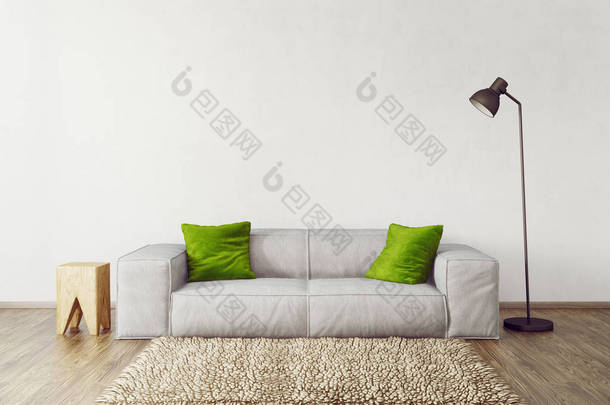 现代客厅有白色的<strong>沙发</strong>, <strong>绿色</strong>的枕头和灯。斯堪的纳维亚室内设计家具。3d 渲染插图