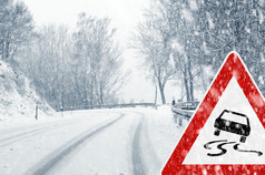 冬季驾驶-警告标志的乡间路上的降雪