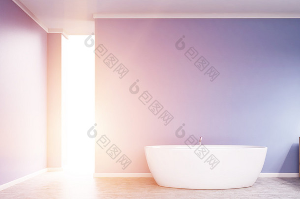浴室内有浴缸、 照明<strong>蓝色</strong>的墙壁和地板。3d 渲染