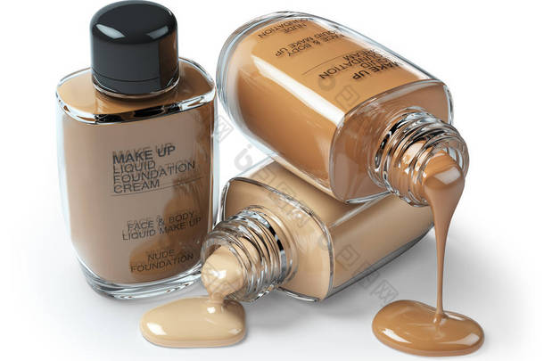 化妆液体粉底奶油化妆品瓶隔离在白色背景。3d 插图