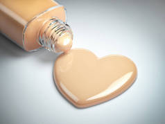 液体化妆粉底霜的形式的心脏符号和玻璃瓶。3d 插图