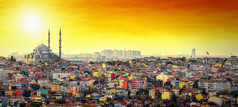 伊斯坦布尔清真寺以多彩的居住小区在日落
