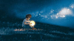 夜晚的场景显示年轻的男孩与一个小月亮在他的手中坐在草地上, 数字艺术风格, 插图绘画