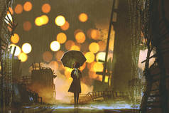 女人用伞独自站在被遗弃的城市