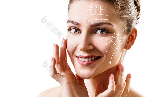 显示面部提升对皮肤的影响的图示线.