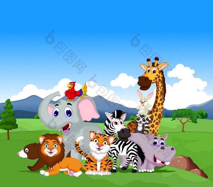 在丛林中的有趣动物卡通集合