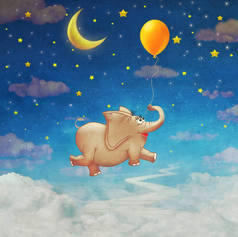 可爱的小象在色彩缤纷的气球在天空中飞行 