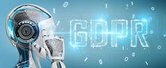 在模糊背景下使用数字 Gdpr 接口3d 渲染的白色机器人女人