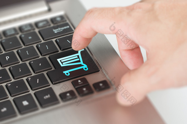Push laptop <strong>shopping</strong> cart button online dealing and <strong>shopping</strong> con