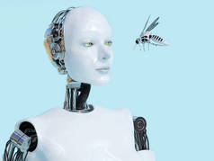 3d 渲染的女机器人看着机器人的蚊子.