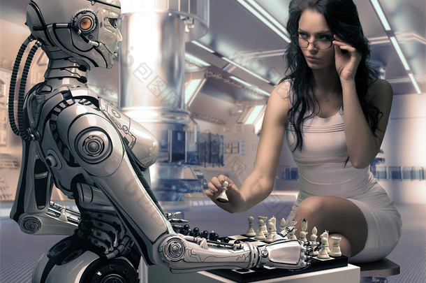 女人玩国际象棋与机器人