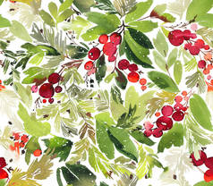 无缝隙水彩画圣诞图案与浆果和云杉