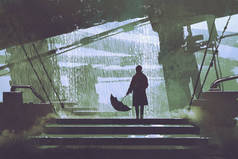 伞的人站立在下雨天的建筑