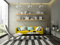 内政部与黄色沙发上 3d 渲染的现代设计室