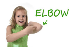 可爱的小女孩指着她的肘部在身体部位学习英语单词在学校